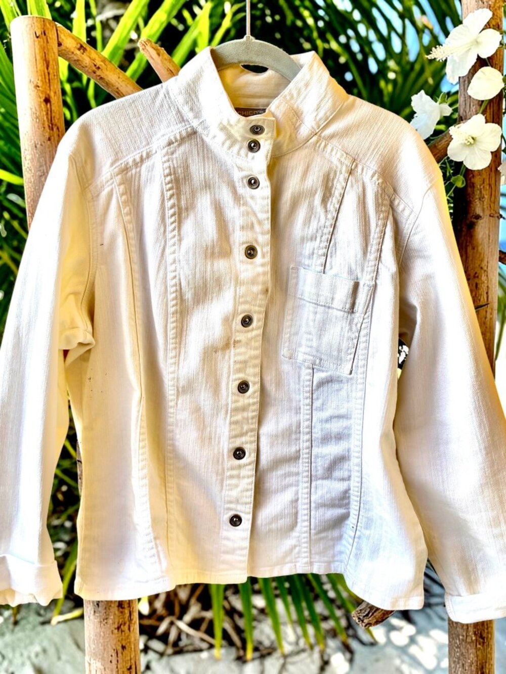 Chico's Platinum White Denim Jean Jacket Cotton Stretch Snap Womens Large